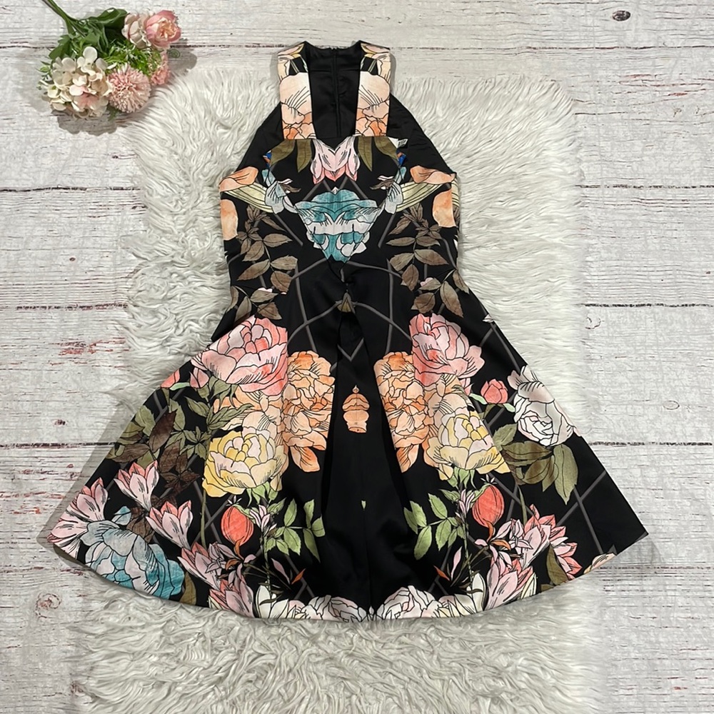 Floral Print Halter Fit & Flare Dress - Black with Pastel Blooms